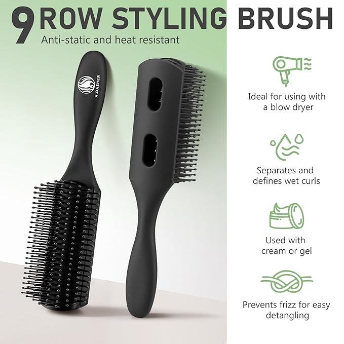 4Pcs Paddle Hair Brush Set, Detangler Brush and comb-Detangling Hairbrush for Wet Dry Long Thick Thin Curly Natural Hair(Black)