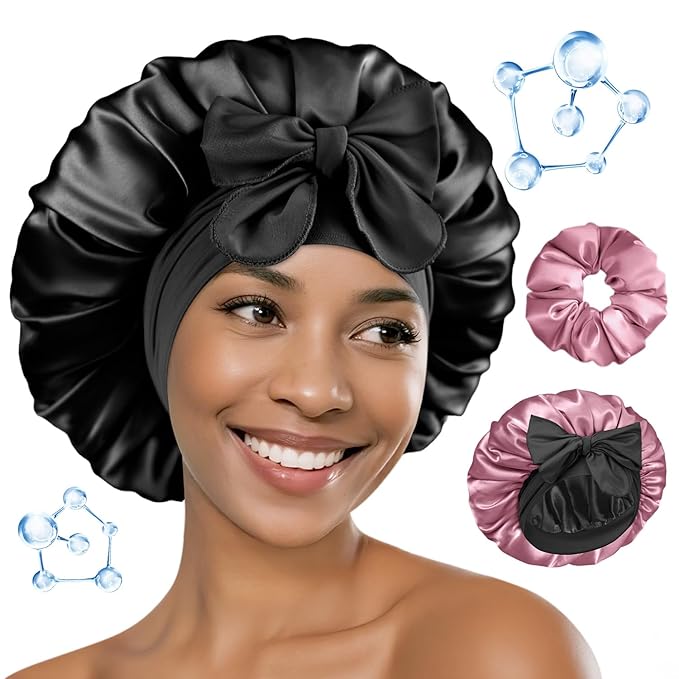 BONNET QUEEN Silk Bonnet for Sleeping Women HYALURONIC Acid Reversible Double Layer Satin Bonnet Night Sleep Cap Wrap for Curly Hair with Adjustable Tie Band & Scrunchie, Black & Rose Gold
