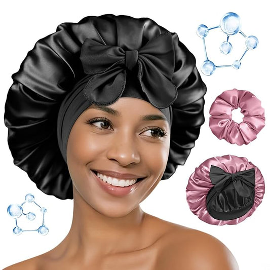 BONNET QUEEN Silk Bonnet for Sleeping Women HYALURONIC Acid Reversible Double Layer Satin Bonnet Night Sleep Cap Wrap for Curly Hair with Adjustable Tie Band & Scrunchie, Black & Rose Gold