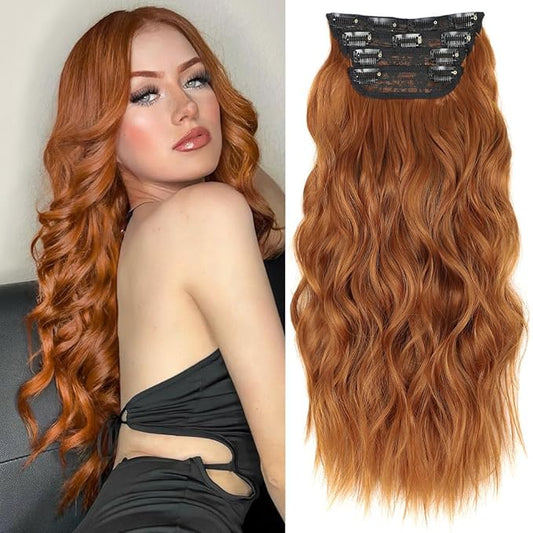 ALXNAN Clip in Hair Extension,Long Wavy Hair Extensions 20 Inch Orange Red 4PCS Thick Hairpieces for Women
