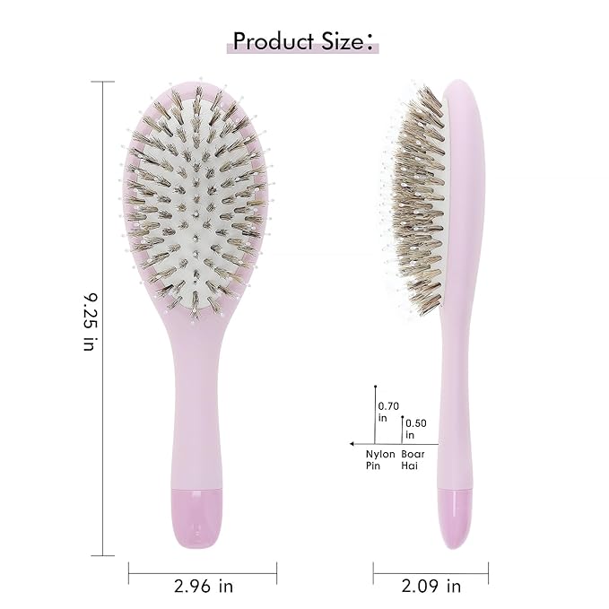 Boar Bristle Hair Brush -boar bristles + nylon pins， Smoothes & Detangles All Hair Types, Hairbrush for Women, Men & Kids, Distributes Oils for Natural Shine & Stimulates Scalp
