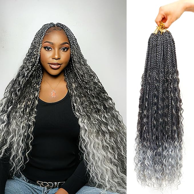 Eacia Goddess Box Braids Crochet Hair 24 Inch 7 Packs Ombre Gray Pre Looped Boho Box Braids Crochet Hair with Curly Ends(24 Inch, T1B/Gray#)