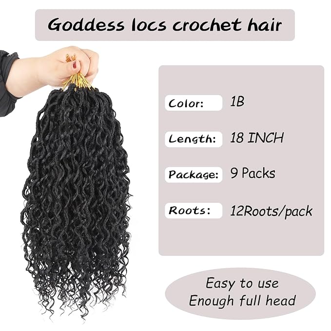Goddess Locs Crochet Hair 18 Inch 9 Packs Synthetic Faux Locs Crochet Hair for Black Women, River Locs Hair Extensions Style Pre looped Crochet Locs with Curly Ends