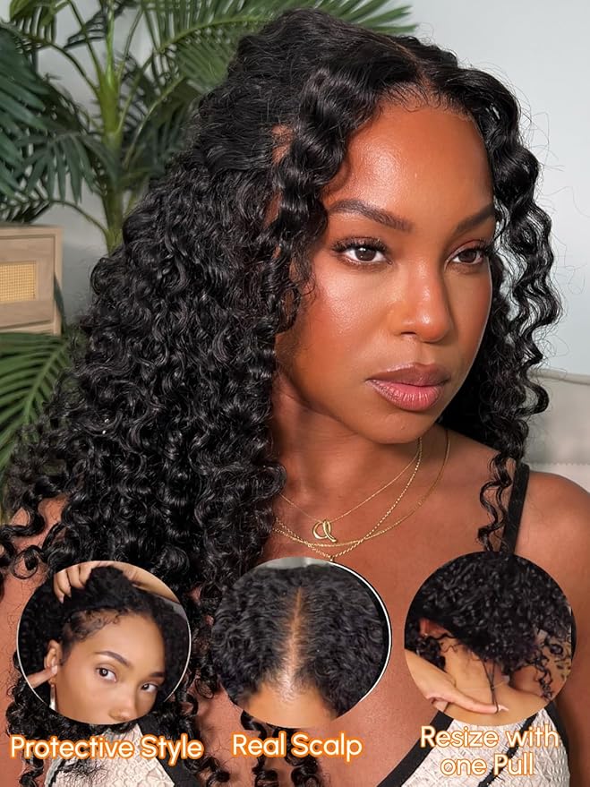 Julia Hair V Part Wig Human Hair Curly Wig with Finger Coil Ends Glueless V Shape Wig Afro Curly Wigs with Drawstring Upgrade U Part No Leave Out Half Wig For Women Natural Scalp 24 Inch