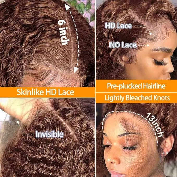 SKINLIKE Real HD Lace Wig, Deep Wave Lace Front Wigs Human Hair, 13x6 HD Full Lace Frontal Wigs 0.10mm Ultra-thin Pre-Plucked Invisible Lace Chocolate Brown Human Hair Wig 20 Inch