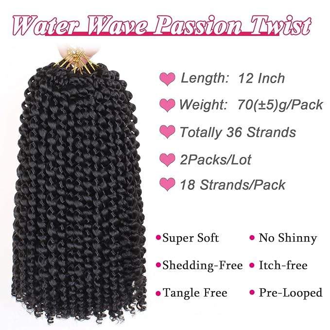 Leeven 12 Inch Water Wave Crochet Hair For Passion Twists 2 Packs Short Bob Passion Twist Hair for Butterfly Locs Natural Black Synthetic Spring Twist Braiding Hair for Women 1B#