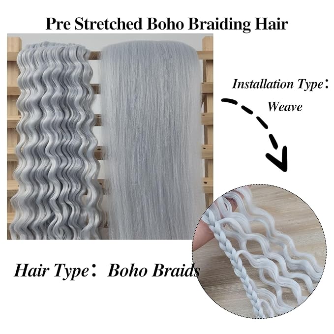 Silver Grey Braiding Hair Pre stretched for Boho Braids Deep Wave Curly Braiding Hair Prestretched for Bohemian Braids Hot Water Setting