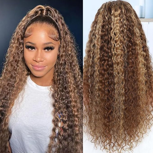 Highlight Ombre 13x6 Lace Front Wig Human Hair Deep Wave Honey Blonde Glueless HD Transparent Lace Frontal Wigs for Women 180 Density Human Hair (highlight ombre deep wave, 32 inch)