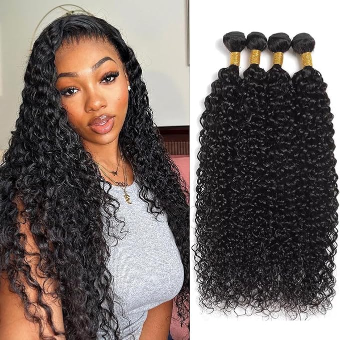 Brazilian Water Wave Bundles Human Hair(14 16 18 20 Inch) 12A Unprocessed Human Hair Wet and Wavy Bundles Brazilian Remy Human Hair Curly Bundles Hair Extensions Natural Color