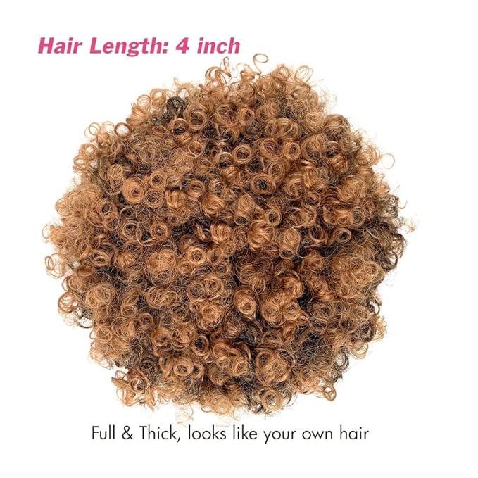Short Curly Wigs with Headbands Attached for Black Women Synthitic Kinky Curly Afro Puff No Drawstring Ponytail Wig Headwrap Hairstyles With 2 Clips(T1B/30)