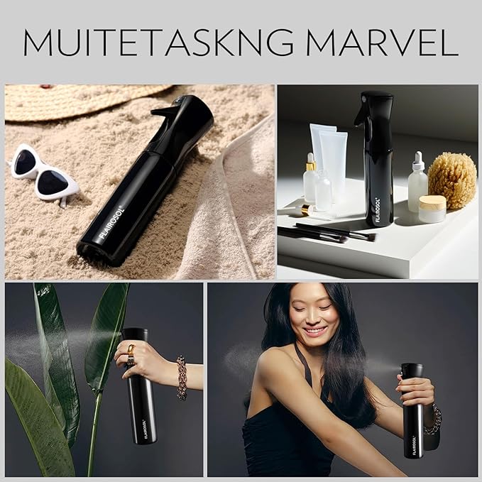 FLAIROSOL Spray Bottle for Hair, Continuous Spray Bottle with 0.3MM Ultra Fine Mist, Water Mister for Hairstyling, Cleaning, Plants, Pets, 10.1oz/300ml, Black Bottle, White Print