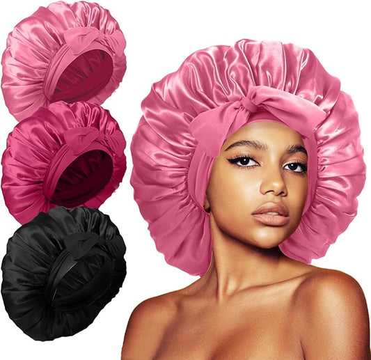 3Pcs Bonnets for Sleeping, Extra Satin Silk Bonnet for Sleeping Women with Tie Band for Curly Hair Jumbo Bonnet Braids