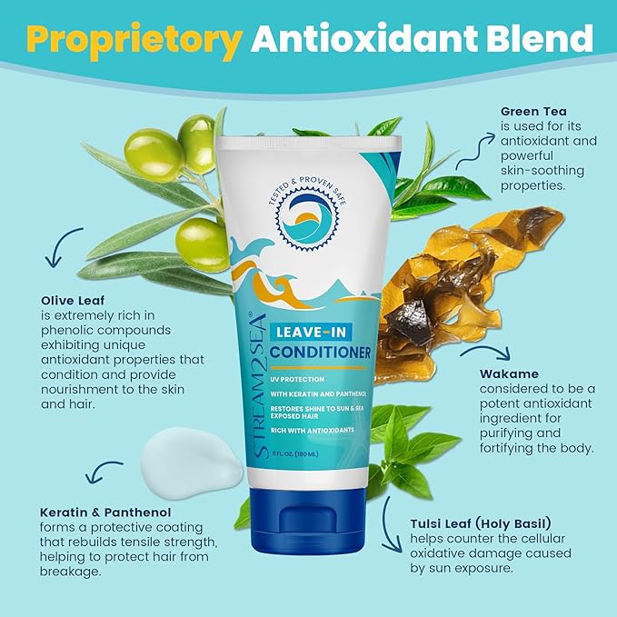 Stream2Sea Travel Size Sulfate Free Leave-In Hair Conditioner with Sun Protection, 1oz Each, Pack of 3 | Travel Size