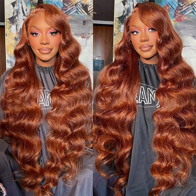200 Density 13x6 Reddish Brown Lace Front Wigs Human Hair Pre Plucked 13x6 HD Transparent Body Wave Lace Front Wigs Human Hair With Baby Hair Ginger #33 Colored Wig For Women (26 Inch)