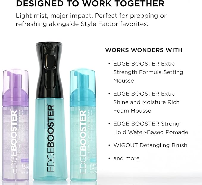 Style Factor Edge Booster Mist Spray Bottle for Hair (10.1oz/300ml) - Continuous Ultra Fine Mist Sprayer – For Hairstyling, Salons, Cleaning, Plants, Essential Oil & More - Black