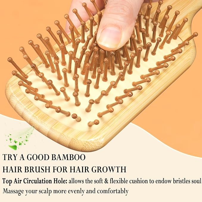 Bamboo Brush for Hair Growth, Natural Bamboo Bristles Detangling Paddle Hair Brush for Women Men and Kids Massaging Scalp, Wooden Brush with Ergonomic Handle for All Hair Types