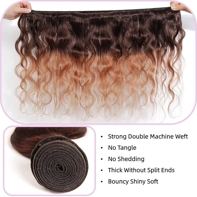 2 Tone Ombre Body Wave Hair 3 Bundles with Frontal 13x4 Ear to Ear Lace Frontal 100% Unprocessed Brazilian Remy Virgin Human Hair Extensions T4/30 Medium Brown/Medium Auburn(12 14 16+12)