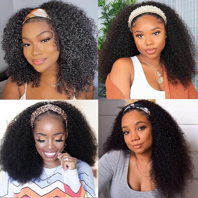 XSY Headband Wig Human Hair Kinky Curly 12 Inch Headband Wigs for Black Women None Lace Front Wig Curly Brazilian Wear and Go Glueless Wig 150% Density Natural Color