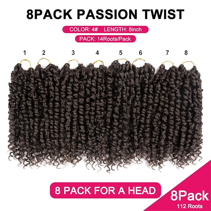 Passion Twist Hair For Kids - 8 Packs 8 Inch Passion Twist Crochet Hair For Black Women, Crochet Pretwisted Curly Hair Passion Twists Synthetic Braiding Hair Extensions(8 Inch 8 Packs, #4)