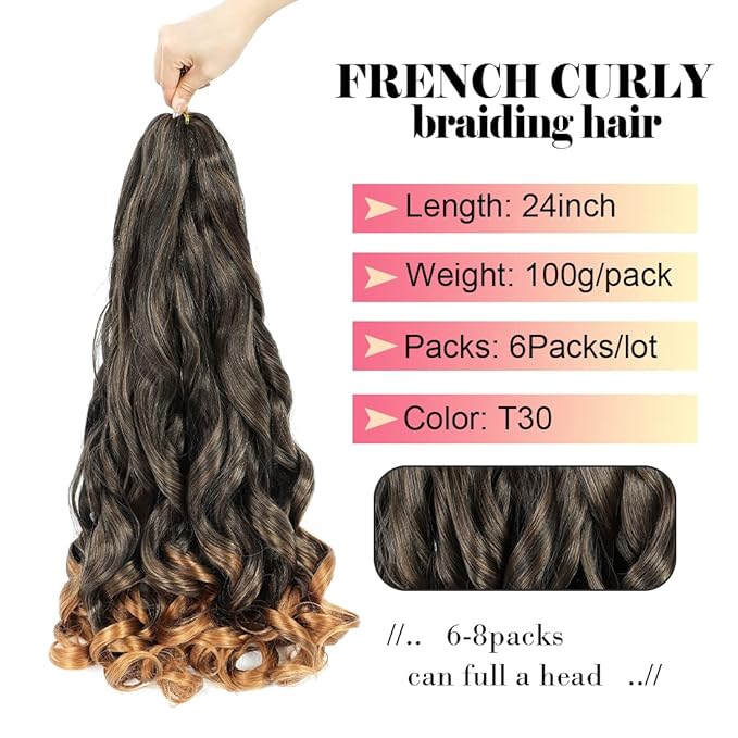 Ombre French Curl Braiding Hair - 24 Inch, 6 Packs, Loose Wave, Bouncy, Pre-Stretched 100g/pack, Yaki Curly, for Black Women, Hair Extensions (T30)