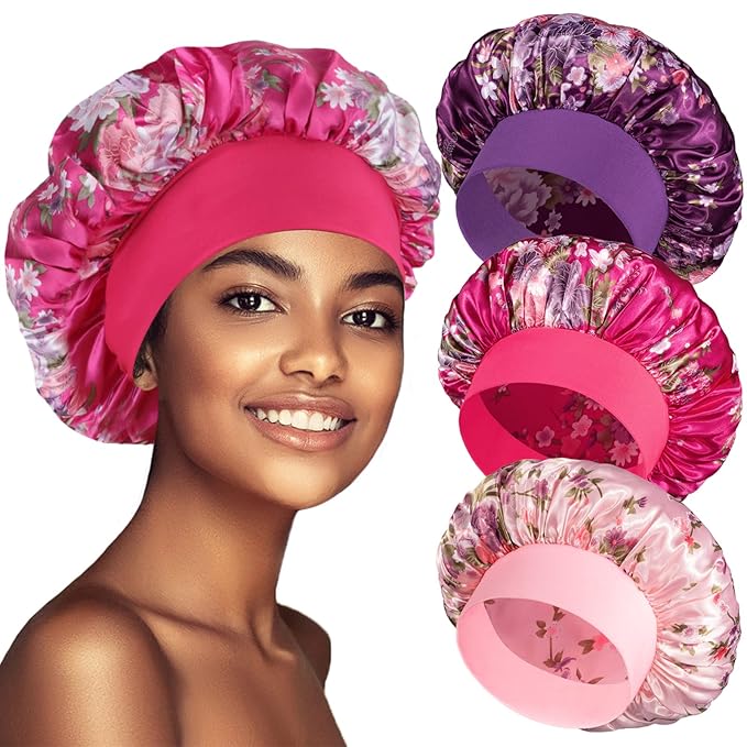 3 Pack Satin Bonnet Silk Hair Bonnet for Sleeping, Sleep Bonnets for Women Large Wide Soft Band Sleep Cap for Curly Hair Braids