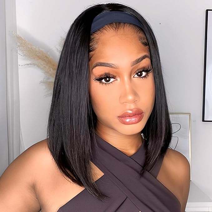 AISI QUEENS Headband Wig - Human Hair Bob Wig for Black Women, Glueless, Short Bob Headband Wigs (12 Inch)