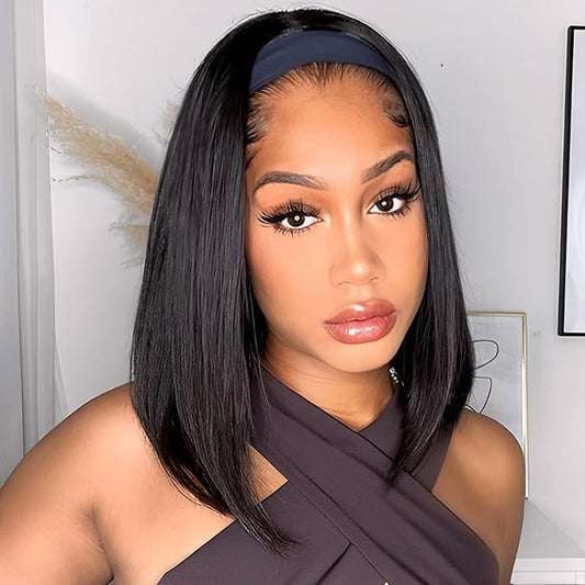 AISI QUEENS Headband Wig - Human Hair Bob Wig for Black Women, Glueless, Short Bob Headband Wigs (12 Inch)