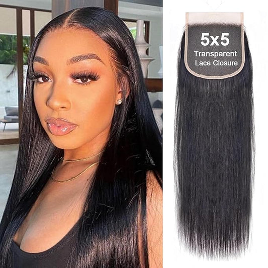Silky Straight 5x5 Transparent Lace Closure Pre Plucked Invisible knots Lace Frontal Closure Brazilian Virgin Remy Human Hair Closure with Baby Hair Natural Black 12 Inch