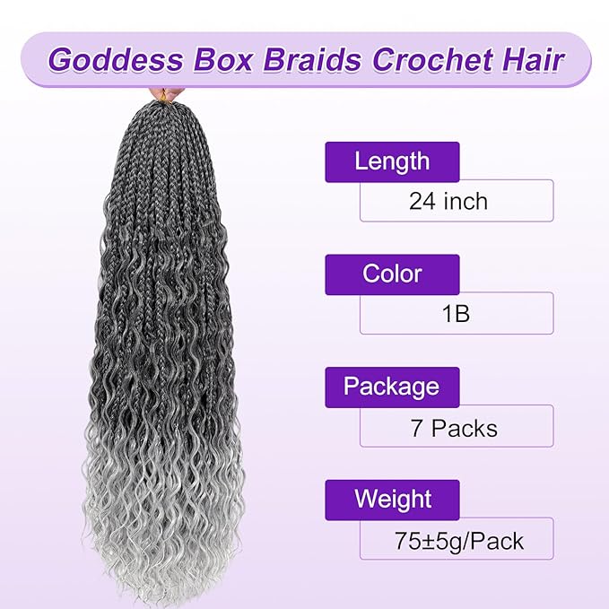 Eacia Goddess Box Braids Crochet Hair 24 Inch 7 Packs Ombre Gray Pre Looped Boho Box Braids Crochet Hair with Curly Ends(24 Inch, T1B/Gray#)
