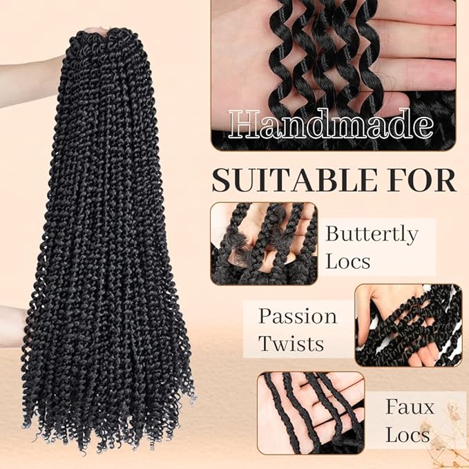 ShowCoco 8 Packs Passion Twist Hair Water Wave Braiding Hair Curly Passion Twist Crochet Hair Braiding Hair Synthetic Hair Extension (22 Inch, #1B)