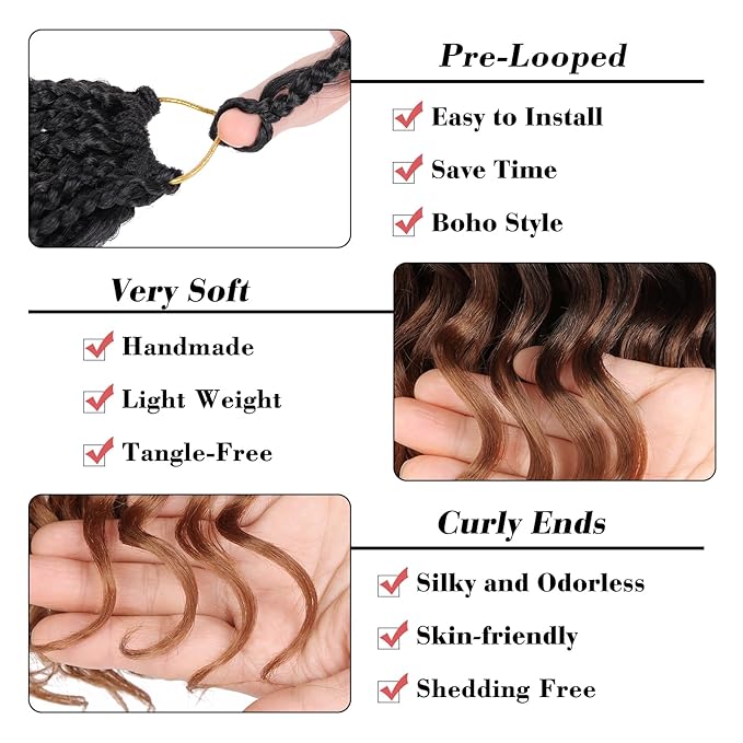 Leeven 14 Inch 8 Packs Curly Crochet Hair Pre Looped Boho Ocean Wave Crochet Hair Black to Brown 2 Tone Short Ocean Braids Pre Twisted Synthetic Deep Wavy Crochet Hair for Women