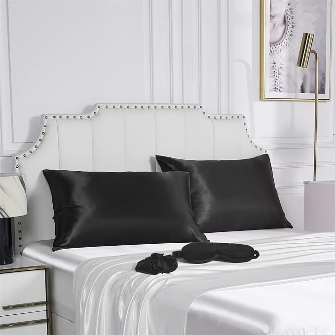 Black Satin Pillowcase for Hair and Skin, Vegan Silk Pillowcase Set-2 Satin Pillowcases, 1 Eye Mask, 1 Scrunchie-Luxury Sleep Set, Silky Standard Satin Pillow Cases with Envelope Closure