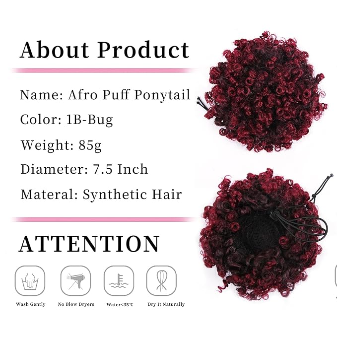 Afro Puff Ponytail for Black Women Culy Wavy Short Drawstring Ponytail Hair Extension Synthetic Mini Afro Bun(1B-Bug#)
