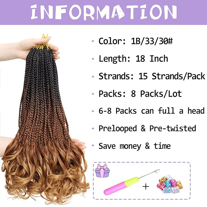 French Curl Crochet Braids 18 Inch 8 Packs Goddess Box Braids Crochet Hair for Women Pre Looped Crochet Box Braid with Curly Ends Synthetic French Curly Braiding Hair Extensions (1B/33/30)