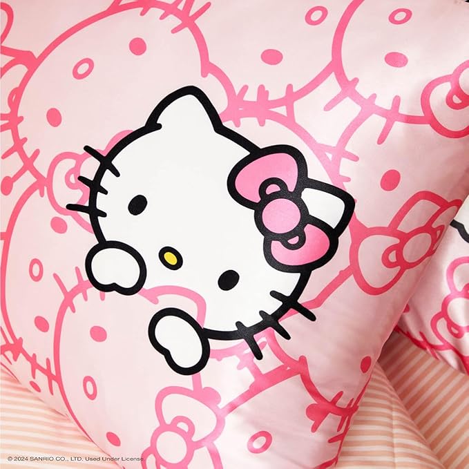 Kitsch x Hello Kitty Pillow Case – Pink Kitty Faces Toddler Bed Time Satin Pillowcase with Zipper – Soft Cooling Pillow Cover for Hair & Skin – Better Than Silk Pillowcase - King Size 19x36