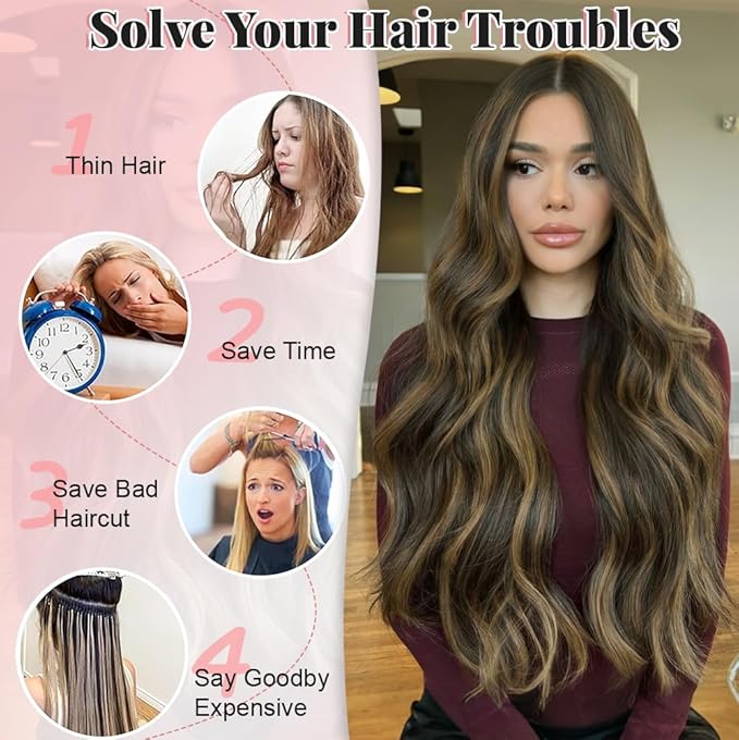 ALXNAN Clip in Long Wavy Synthetic Hair Extension 24 Inch Black&Dark mix light brown 4PCS Thick Hairpieces Fiber Double Weft Hair for Women