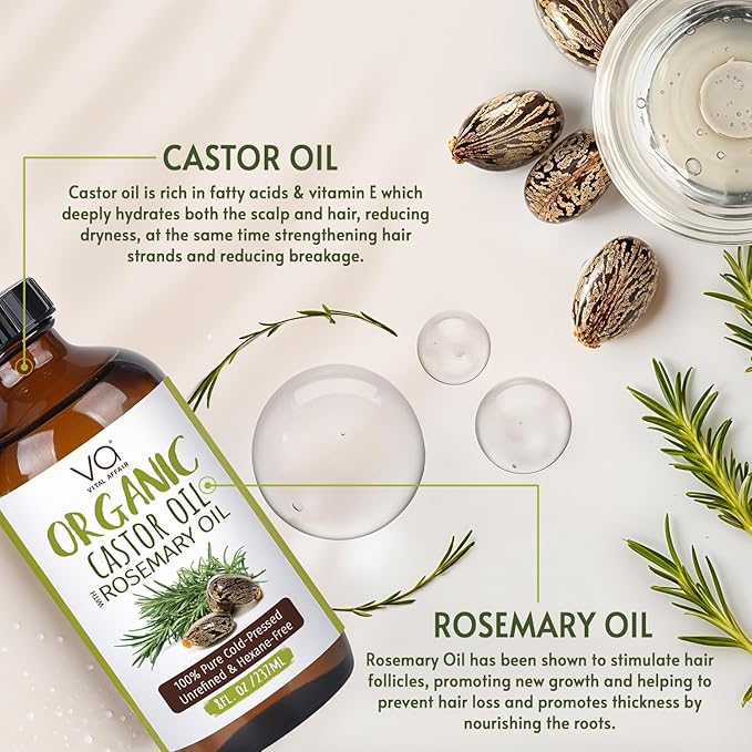 VITAL AFFAIR Organic Castor Oil With Rosemary Oil For Hair Growth - 100% Pure Rosemary Hair Oil With Pure Castor Oil Cold Pressed Unrefined Glass Bottle - Strengthening & Volumizing 8 Fl Oz