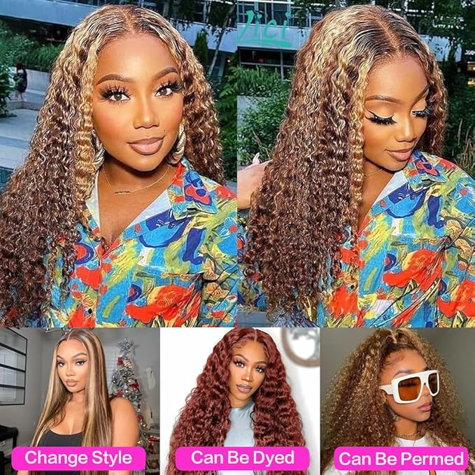 30inch Highlight Ombre Lace Front Wig Human Hair 13x6 HD Honey Blonde 4/27 Deep Wave Lace Frontal Wigs Glueless Wigs Human Hair (4/27 Honey Blonde, 32inch)