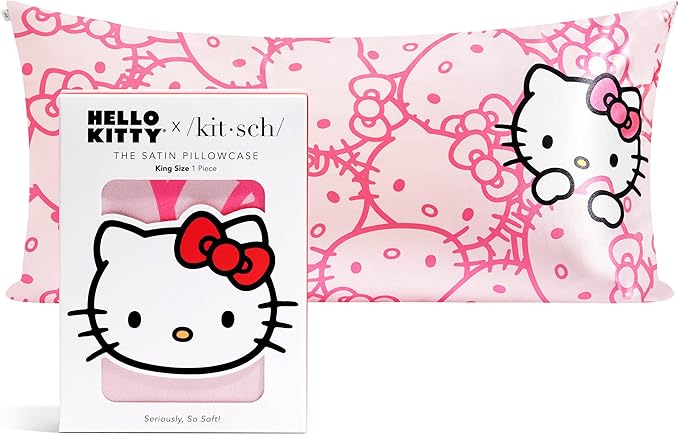 Kitsch x Hello Kitty Pillow Case – Pink Kitty Faces Toddler Bed Time Satin Pillowcase with Zipper – Soft Cooling Pillow Cover for Hair & Skin – Better Than Silk Pillowcase - King Size 19x36