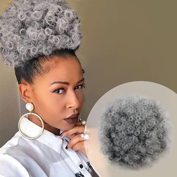 GLAM21USA Afro Puff Drawstring Ponytail Retro Kinky Curly Ponytail Wig Clip in Bun Hair Piece for Black Women Synthetic Hair Extension (LARGE, SALTNPEPPER)