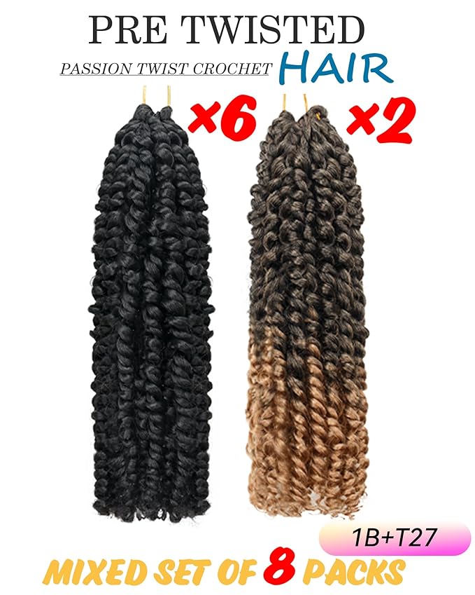 Passion Twist 10 Inch Crochet Hair-Mixed Color Combo Pack(6 packs 1B+2 packs T1B/27),Pre-twisted Pre Looped Soft & Bouncy Synthetic Braided Hair Extensions For Black Women (10 Inch-8 Packs,1B+T27)