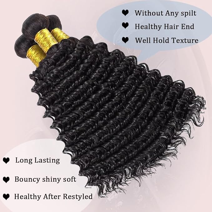 12A Human Hair Bundles Deep Wave 100% Unprocessed Brazilian Virgin Hair 4 Bundles Deep Curly Human Hair Extensions Quick Weave Human Hair (4 Bundlles Natural black, 16 18 20 22 Inch)