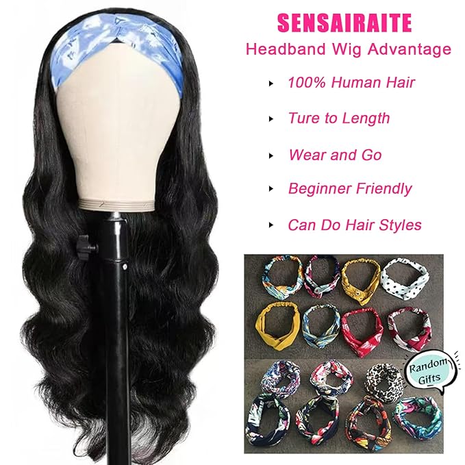 SENSAIRUITE Headband Wig Human Hair Body Wave 20 Inch None lace Front Wear and Go Glueless Headband Wig for Black Women Natural Black Color 180% Density