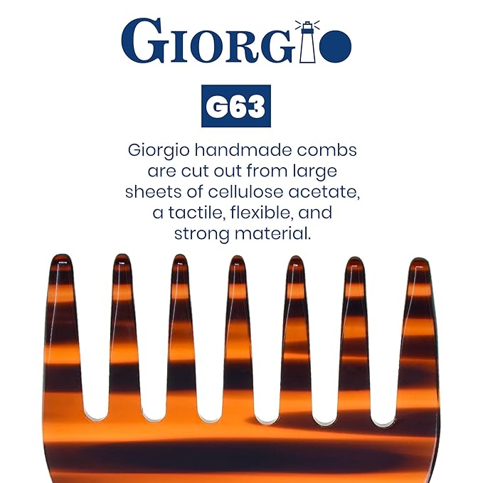Giorgio G63 Tortoise Detangling Comb for Women - Wide Tooth, Pocket and Travel Size for Thick Hair, Wet or Dry Everyday hair care. Handmade, Saw-Cut, and Polished Wide Tooth comb for women.