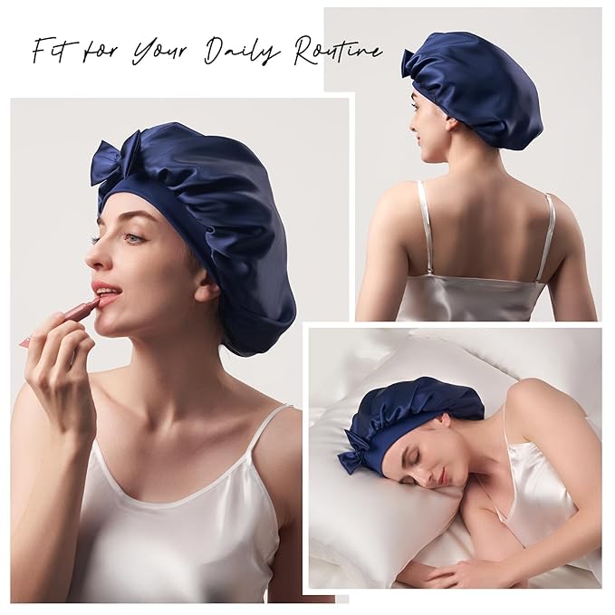 Umisleep Double-Sided 100% 22 Momme Mulberry Silk Bonnet for Sleeping Women, Large Silk Hair Wrap for Long Curly Hair, Non-Slip Sleep Cap with Adjustable Band, Navy Blue
