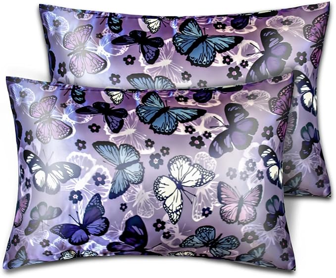 Silk Satin Pillowcase for Hair and Skin Soft Satin Pillow Cases Standard Size Pack of 2, Wrinkle, Fade-Resistant with Envelope Closure (20’’x26’’, Purple, Butterflies & Flower)