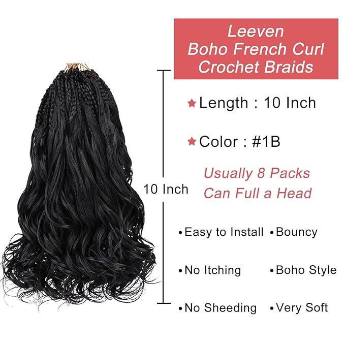 Leeven 10 Inch Pre Looped Curly Crochet Hair 8 Packs Black Boho French Curl Crochet Braids Short Bob Goddess Box Braids Loose Wave Synthetic Hair Extensions for Women Girl