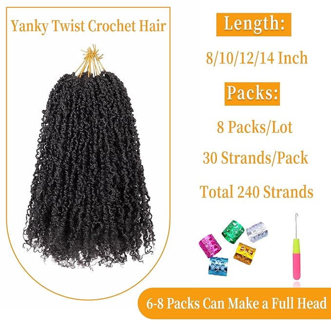 8 Inch Pre-Looped Yanky Twist Crochet Hair, 30 Strands/Pc, Mini Passion Twists, Senegalese Braiding Hair (Natural Black, 8 Pcs/Pack)