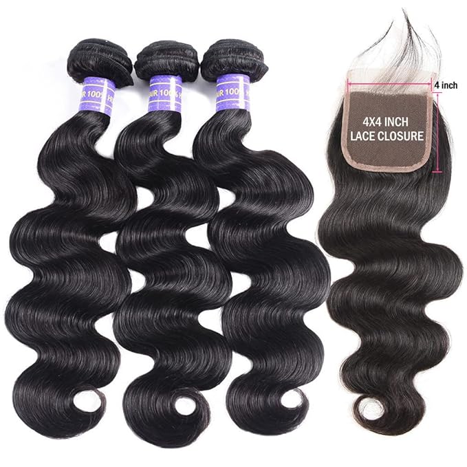 Aopusi Human Hair Bundles with Closure (16 18 20+14，Free Part)100% Brazilian Human Hair Body Wave Bundles with Lace Closure Virgin Hair Body Wave Hair Weave for Black Women