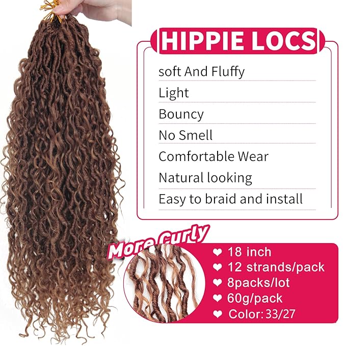 8Packs Goddess Locs Crochet Hair 18Inch Boho Faux Locs,Crochet Loc With Curly Ends River Hippie Bohemian Loc Crochet Hair for Black Women(T33/27, 18inch(Pack of 8))